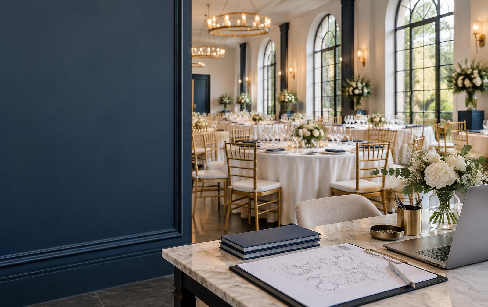 An event venue prepared for guests, with a coordinator's planning desk